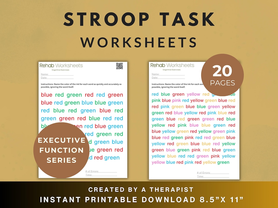 Stroop Task Cognitive Exercise Bundle (20 Worksheets) Executive ...