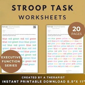 Stroop Task Cognitive Exercise Bundle (20 Worksheets) Executive Functioning Training PDF for Stroke TBI Brain Injury pdf-worksheet