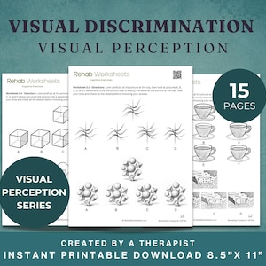 May include: A stack of printable worksheets for cognitive exercises. The worksheets are titled "Visual Discrimination" and "Visual Perception" and include various exercises. The image also includes the text "15 Pages" and "Instant Printable Download 8.5" x 11".