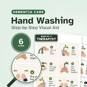 Ayuda visual para el lavado de manos para personas mayores, letrero para lavabo para personas con demencia, indicaciones de higiene paso a paso, guía imprimible para el cuidado de la memoria en personas con Alzheimer, guía para cuidadores.