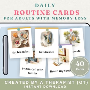 May include: A digital display showing daily routine cards for adults with memory loss. The cards include illustrations for activities like eating breakfast, getting dressed, and taking a walk. The text reads "Daily Routine Cards for Adults with Memory Loss". The cards are created by a therapist.