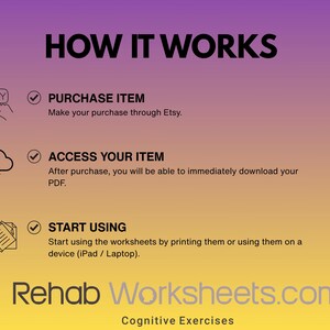 How it works infographic explaining Etsy purchase, immediate PDF download, and starting the trail making worksheets by printing them or using them on a device.