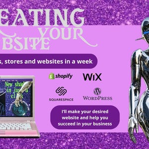 Puede incluir: Imagen promocional con el texto "CREATING YOUR WEBSITE" y "Portfolios, tiendas y sitios web en una semana". Un portátil rosa muestra una paleta de maquillaje. Una figura de robot plateado está a la derecha. También hay logotipos de Shopify, Wix, Squarespace y WordPress.