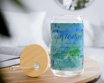 Capricorn Sipper Glass, 16oz : zodiac inspired gift with personalized astrology watercolor artwork for horoscope lovers