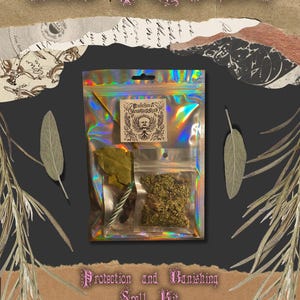 May include: A holographic package containing a Protection and Banishing Spell Kit. The kit includes dried herbs, a bay leaf, a small candle, and a label with a bird and floral design. The words "NEW PRODUCT" and "Protection and Banishing Spell Kit" are displayed.