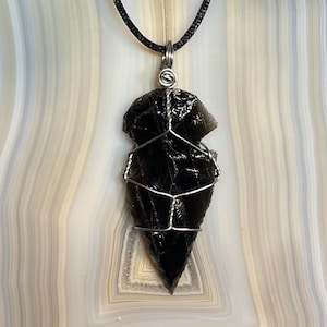 Black Obsidian Arrowhead Wire Wrapped Crystal Pendant Silver Spiral