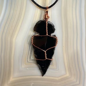 Black Obsidian Arrowhead Wire Wrapped Crystal Pendant Copper