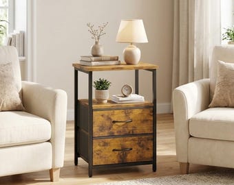 2 Drawer Nightstand With Fabric Storage, Rustic Brown Bedside Table, Bedroom Furniture