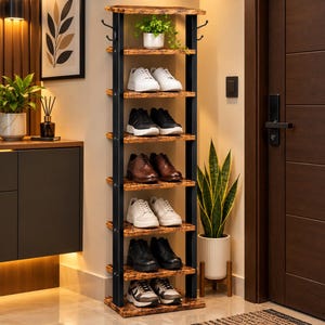 8 Tier Shoe Storage Tower, Entryway Organizer With Hooks