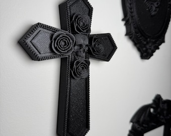 Gothic Skull Cross Wall Hanging | Macabre Cross with Roses | Witchy Altar & Home Decor