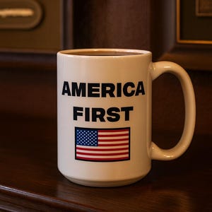 May include: A white ceramic mug with the words "AMERICA FIRST" in bold black letters and a small American flag graphic. The mug is filled with a dark liquid, possibly coffee or tea, and steam rises from the top.