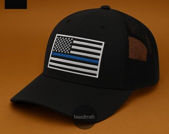Thin Blue Line Hat, Blue Lives Matter Trucker Hat Snapback, Conservative Gift, Republican Gift, USA Flag Hat, American Flag Hat, Police Hat