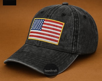 Vintage USA Flag Embroidered Dad Hat, American Flag Hat, Patriotic Baseball Cap, USA Pride Hat, Adjustable Cotton Twill Cap, America First