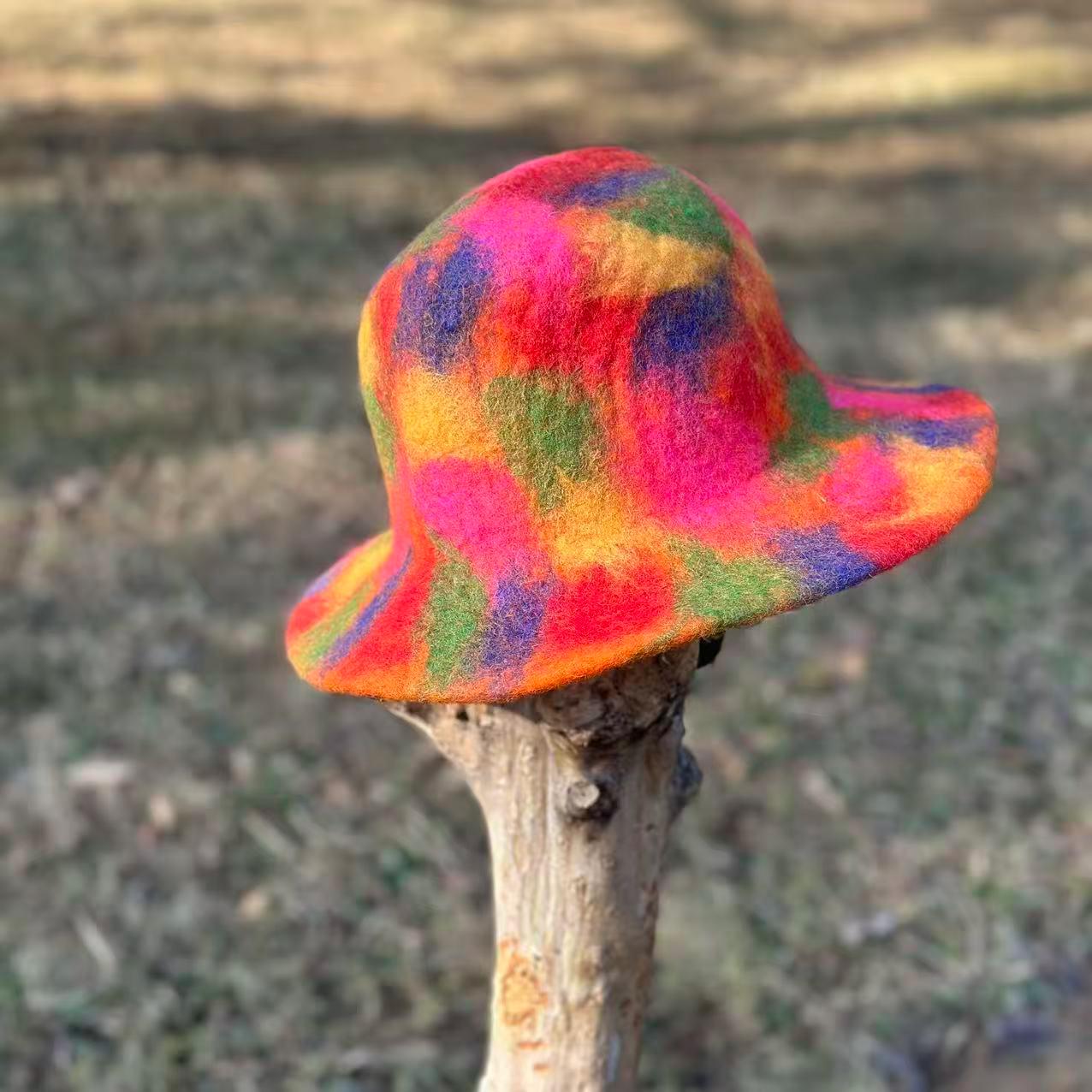 Handmade Colorful Tie Dye Merino Wool Felted Sauna Cap Bucket Hat One of a Kind Tie Dye Felted Bucket Hat: Rainbow Wool, Sauna & Costume  main image 4