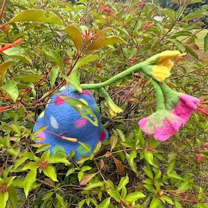 Blue Wool Felt Bucket Hat: Handmade Flower Fairy Hat