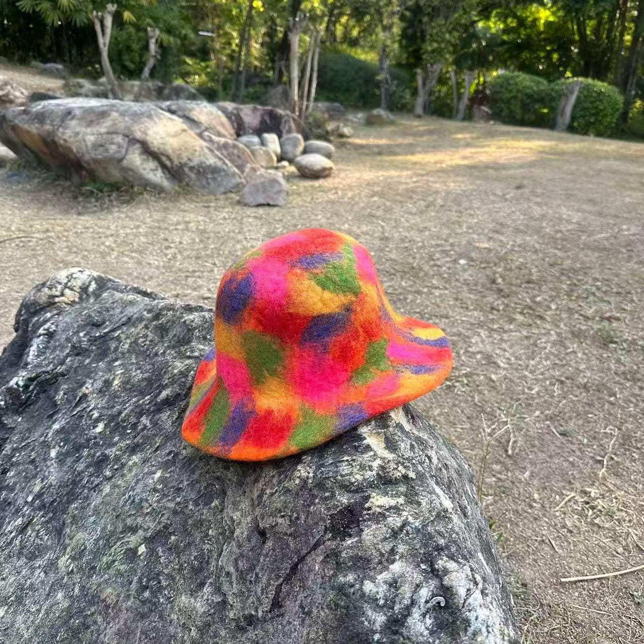 Tie Dye Wool Felted Cap, Colourful Sauna Hat, Unisex Winter  display picture 1