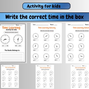 Könnte beinhalten: Lehrreiche Arbeitsblätter für Kinder zum Thema Uhrzeit. Die Arbeitsblätter zeigen Uhren mit Zeigern, die verschiedene Zeiten anzeigen, mit Platz zum Eintragen der korrekten Uhrzeit. Der Text "Activity for kids" und "Write the correct time in the box" sind sichtbar.