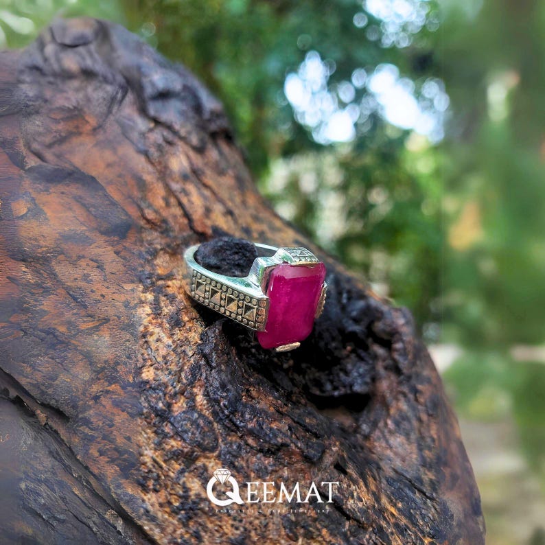 Anel de Rubi Masculino Feito à Mão – Anel em Prata 925 com Pedra de Nascimento de Julho – Anel Retangular de Rubi Natural imagem 5