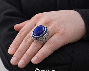 Anel Vintage de Lápis-Lazúli para Homens – Grande Pedra Azul Oval – Anel de Prata 925