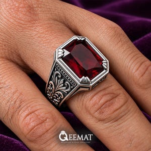 Natural Pigeon Blood Ruby Ring for Men - Dark Red Emerald Cut 925 1st Anniversary Gift for Him - July Birthstone Ring