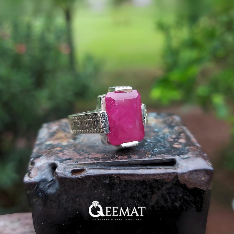 Anel de Rubi Masculino Feito à Mão – Anel em Prata 925 com Pedra de Nascimento de Julho – Anel Retangular de Rubi Natural imagem 3