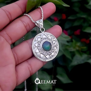 Black Opal Necklace Silver for Her - Handmade Sterling Silver Round Necklace For Wife - Fire Opal Pendant for Wedding & Birthday Gift