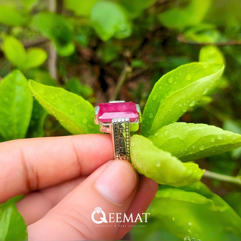 Anel de Rubi Masculino Feito à Mão – Anel em Prata 925 com Pedra de Nascimento de Julho – Anel Retangular de Rubi Natural imagem 4