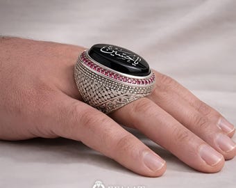 Anel de pedra Aqeeq preta - Anel Yamni Aqeeq com nome gravado