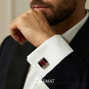 925 Sterling Silver Ruby & Onyx Cufflinks for Men – Two Stone Gemstone Cufflinks – Wedding Anniversary Gift for Husband