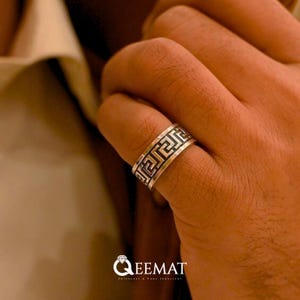 Sterling Silber Herren Ehering - Griechisches Schlüssel-Muster Ring für Männer - Antikes Silberring Design - Versace Design Silberring Band