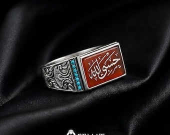 Presente Islâmico para Ele - Anel Hasbi Allah em Prata de Lei 925 - Anel Personalizável com Gravação de Ágata Iemenita