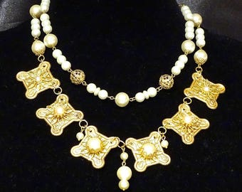 Pearl Double Strand Necklace with Embossed Squares