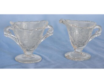 Heisey Orchid Pattern Crystal Creamer and Sugar Bowl. Vintage. Made in USA