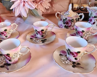 Tazas y platillos de espresso de Limoges. 5 juegos. Pintados a mano. Estilo vintage. Hecho en Francia.