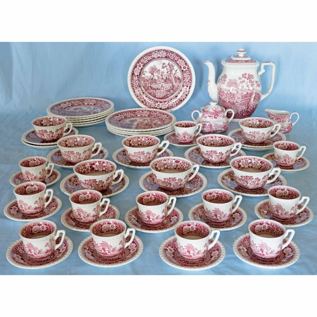 Red Transferware Set Red and White Transferware Tea and Coffee Collection. 54 Pieces ...