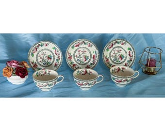 Johnson Bros Indian Tree Teacups and Saucers. Set of 3. Vintage. Made in England
