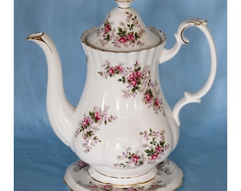Royal Albert Lavender Rose Coffee Pot with Trivet. Made in England