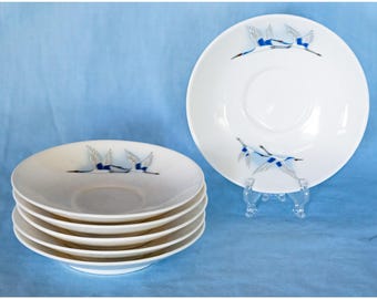 Haengnamsa (Fashion Ware) Blue Crane Saucers. Set of 6. Made in South Korea