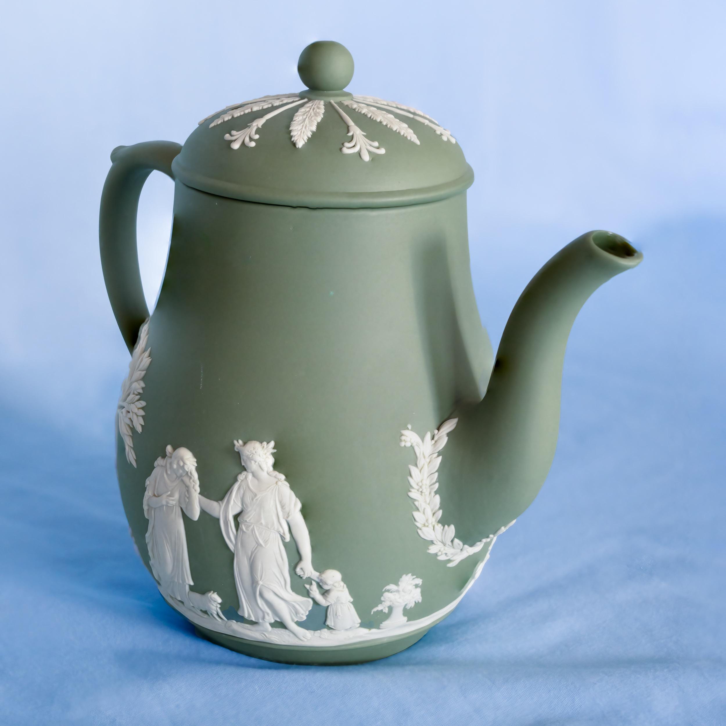 Wedgwood Green Jasperware Coffee Pot. Tea Pot. Vintage. Made in