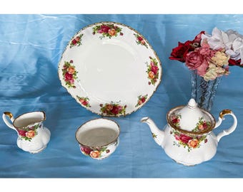 Royal Albert Old Country Roses Tea Set with Handled Cake Plate. Made in England
