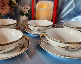 Tazones de sopa antiguos Noritake Laureate. Tazones de sopa de dos asas con platillos. 5 juegos. Hechos en Japón.