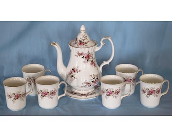 Royal Albert Lavender Rose Coffee Pot with Trivet and Bristol Mugs. Made in England