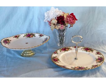 Royal Albert Old Country Roses Cake Stand & Serving Plate With Handle. Made in England