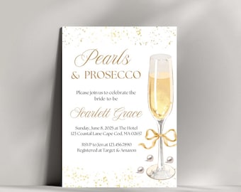 Pearls and Prosecco Bridal Shower Invitation Template, Minimalist Editable Bridal Shower Invite, Pearls and Prosecco Wedding Shower Invite