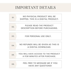 May include: A list of important details for a digital product. The list includes information about the product being digital, the need to read the description before purchasing, personal use only, no refunds, access to the product within minutes of purchase, and the option to message the seller with questions.
