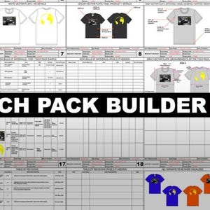 Puede incluir: Una plantilla digital de ficha técnica para diseño de ropa, con diseños de cuadrícula, bocetos técnicos de camisetas con estampados gráficos, listas de materiales, tablas de medidas y muestras de color. Incluye el texto TECH PACK BUILDER.
