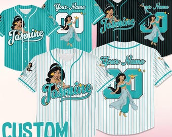 Camiseta de béisbol personalizada de la Princesa Jasmine de Disney, camiseta de béisbol de Disney para niños, jóvenes y adultos, conjunto a juego para el día del partido de Disney.