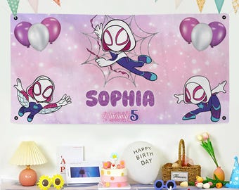 Toile de fond bannière araignée fantôme, bannière d'anniversaire Spidey et ses incroyables amis, fête d'anniversaire Gwen, toile de fond de table de desserts, anniversaire Disney