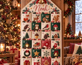 May include: A fabric advent calendar shaped like a house with the name Noah embroidered at the top. It features twenty-four numbered pockets decorated with embroidered woodland animals, holiday icons, and festive patterns in red, green, and cream.