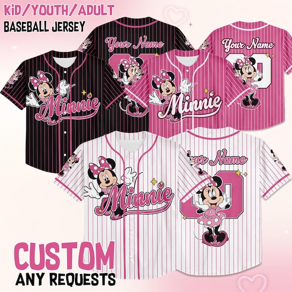 Custom Disney Minnie Mouse Collection Baseball Jersey, Disney Minnie Mouse Jersey, Disneyland Baseball Team Matching Outfit, Birthday Gift